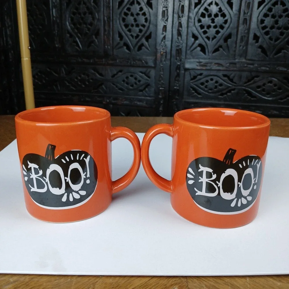 Set of 2 Crate‎ & Barrel Orange Boo Halloween Fall Pumpkin Small Coffee Mugs 3